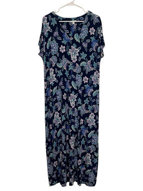 J Jill Floral Maxi Dress Women’s Large Navy Blue Purple Knit Short Sleeve